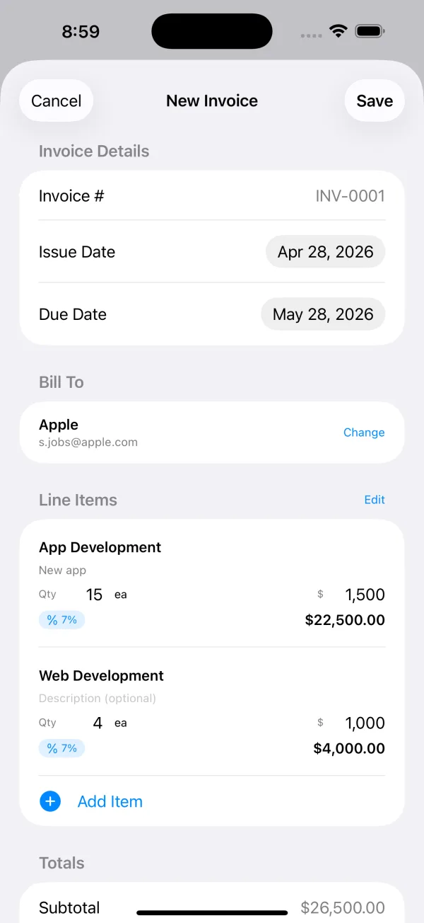 Creating a new invoice in Invoice Pilot with line items and client details