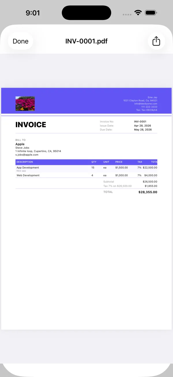 Invoice Pilot showing a professional PDF invoice ready to send