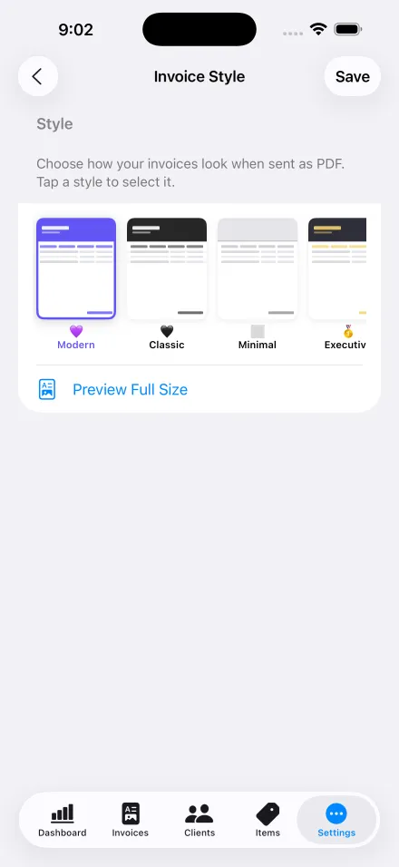 Choosing an invoice theme in Invoice Pilot