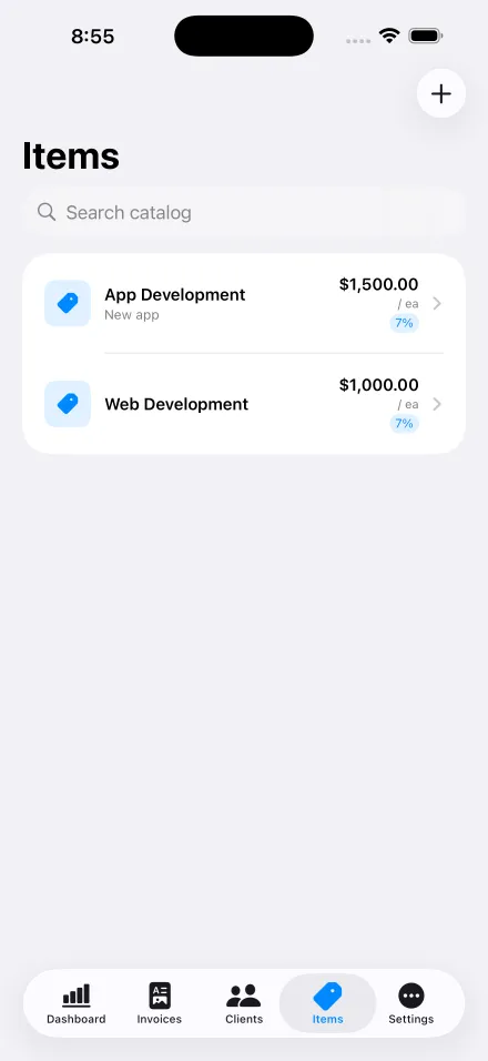 Items catalog in Invoice Pilot